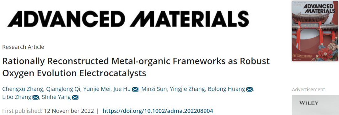 楊世和/張利波/胡覺/黃勃龍AM：重構MOF作為穩(wěn)定的OER電催化劑