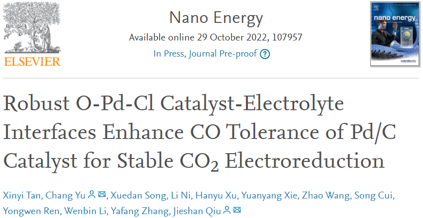 邱介山/于暢Nano Energy：FE近100%！O-Pd-Cl催化劑-電解質(zhì)界面增強(qiáng)Pd/C催化劑助力CO2電還原為CO