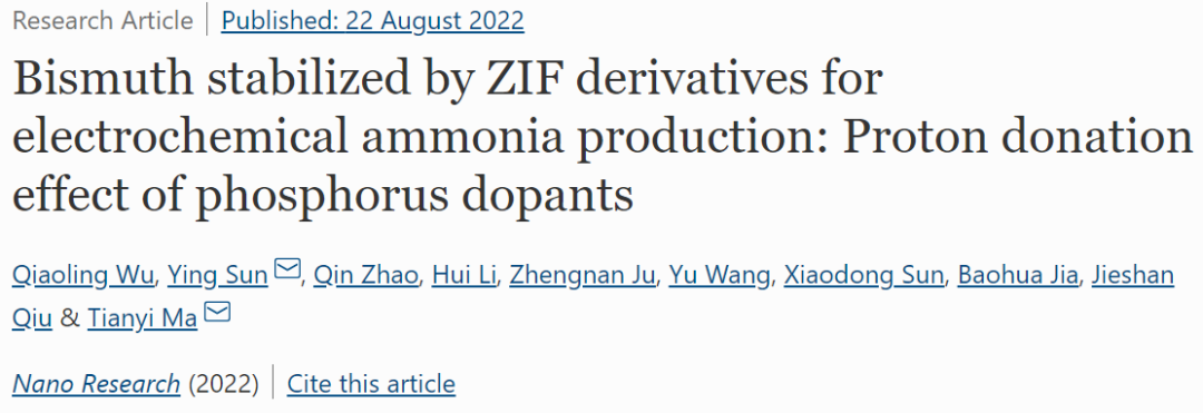 ?馬天翼/孫穎Nano Research：Bi/NPC電催化劑助力NRR制氨