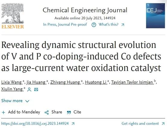 楊秀林團(tuán)隊(duì)Chem. Eng. J.：V和P共摻雜誘導(dǎo)Co缺陷實(shí)現(xiàn)大電流析氧反應(yīng)