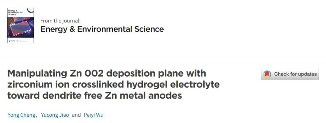 武培怡團(tuán)隊(duì)EES：鋯離子交聯(lián)水凝膠電解質(zhì)操縱Zn 002沉積助力無(wú)枝晶Zn金屬負(fù)極
