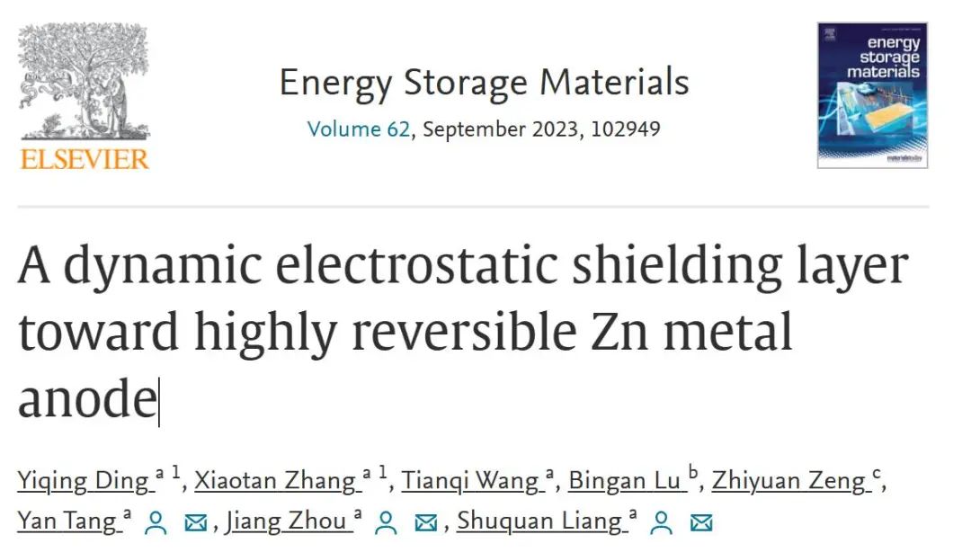 中南梁叔全/周江/唐艷EnSM：動態(tài)靜電屏蔽層用于高度可逆鋅金屬負(fù)極