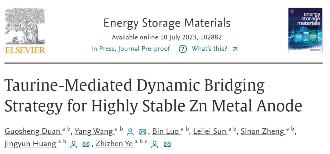 葉志鎮(zhèn)/黃靖云/王勇EnSM：?；撬峤閷?dǎo)的動(dòng)態(tài)橋接策略實(shí)現(xiàn)高穩(wěn)定鋅金屬負(fù)極