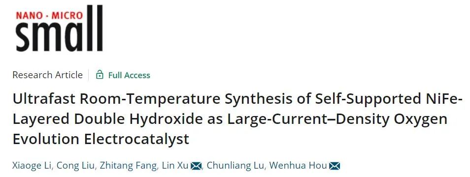 南大侯文華/南師大徐林Small: 超快室溫合成！自支撐NiFe-LDH用于大電流密度析氧