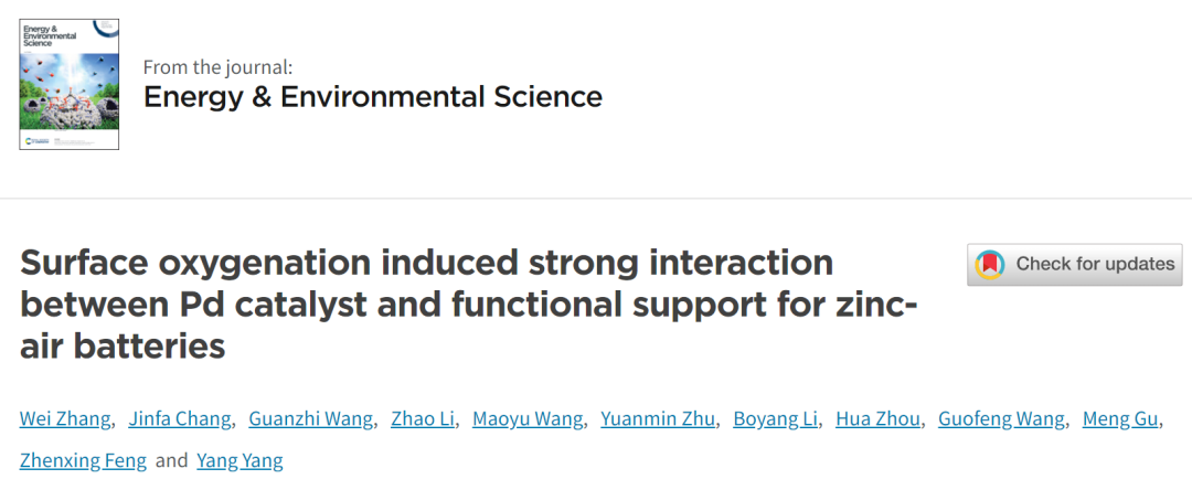 楊陽/馮振興EES: 表面氧化誘導(dǎo)Pd催化劑與鋅空氣電池功能載體之間的強相互作用