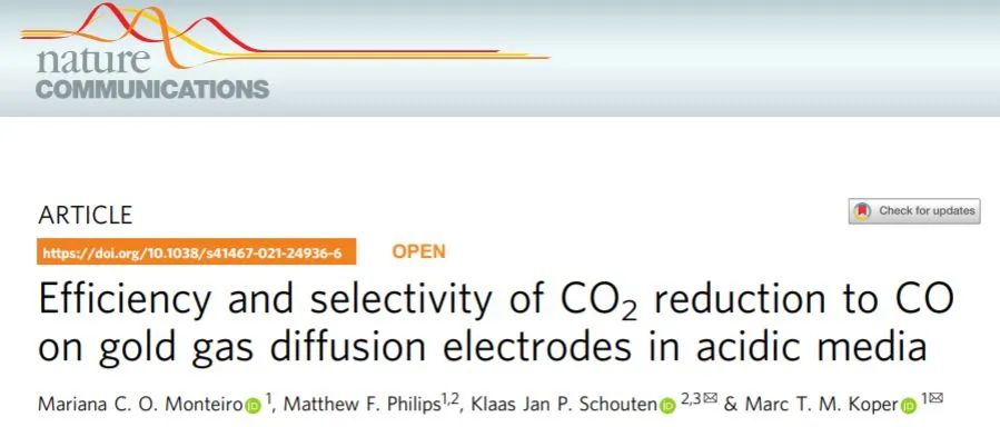 Nature子刊：金氣體擴散電極上CO2高效和高選擇性還原為CO