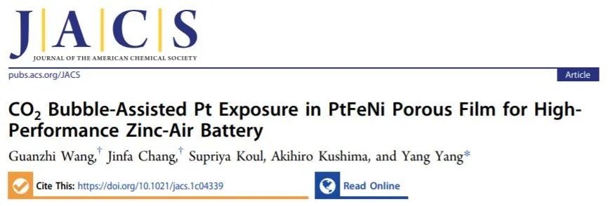 楊陽JACS: CO2氣泡輔助PtFeNi多孔片上Pt的暴露用于高效鋅-空電池