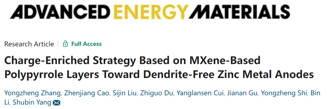 北航楊樹斌AEM: 基于MXene-聚吡咯層的電荷富集策略實(shí)現(xiàn)無枝晶鋅負(fù)極
