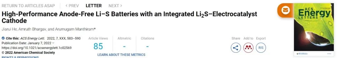 Arumugam Manthiram教授最新成果：高性能無(wú)負(fù)極Li-S電池