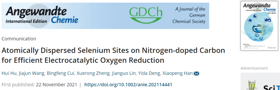 天大韓曉鵬Angew.：氮摻雜碳上原子分散的Se位點(diǎn)助力高效電催化ORR