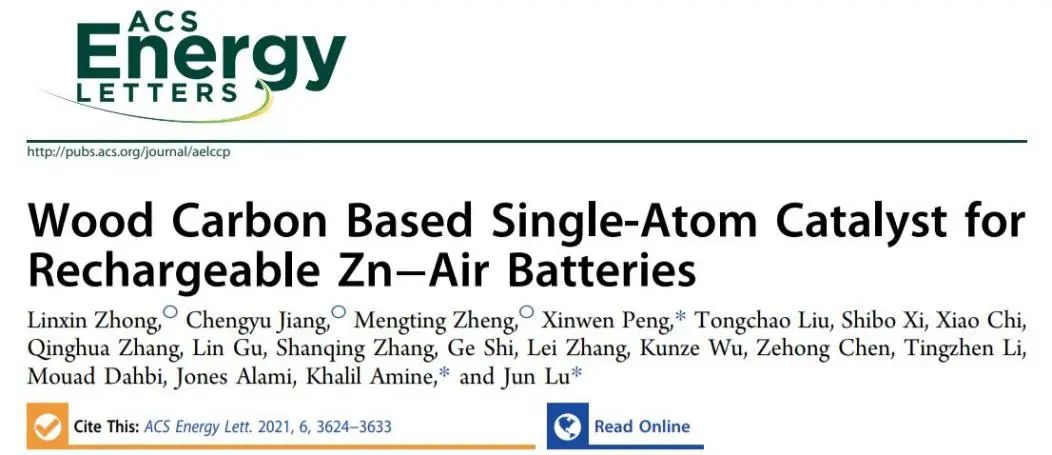 ACS Energy Letters：木碳基單原子催化劑用于可充電鋅-空氣電池