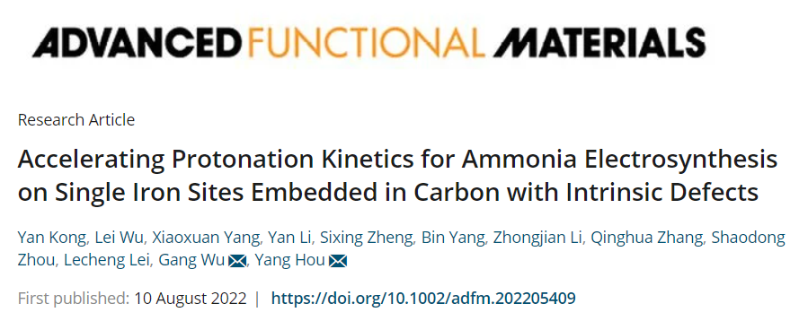 浙大侯陽AFM：本征碳缺陷協(xié)同加速Fe單原子位點電合成氨的質(zhì)子化反應(yīng)動力學(xué)速率