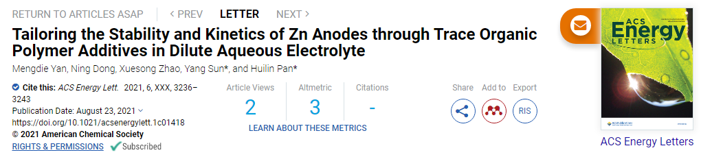 潘慧霖/孫洋ACS Energy Lett.: 調(diào)節(jié)鋅負(fù)極的穩(wěn)定性和動(dòng)力學(xué)的痕量有機(jī)聚合物添加劑