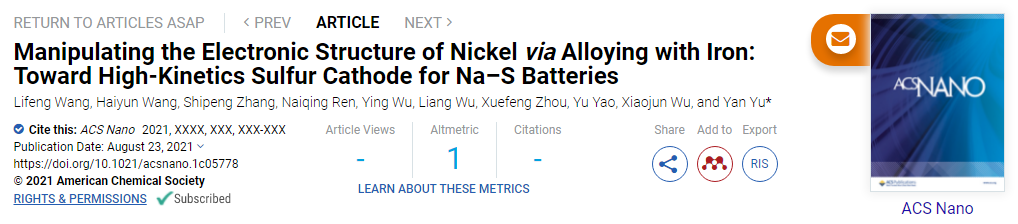 中科大余彥ACS Nano: 通過(guò)與Fe合金化調(diào)控Ni的電子結(jié)構(gòu)，用于Na-S電池高動(dòng)力學(xué)硫正極