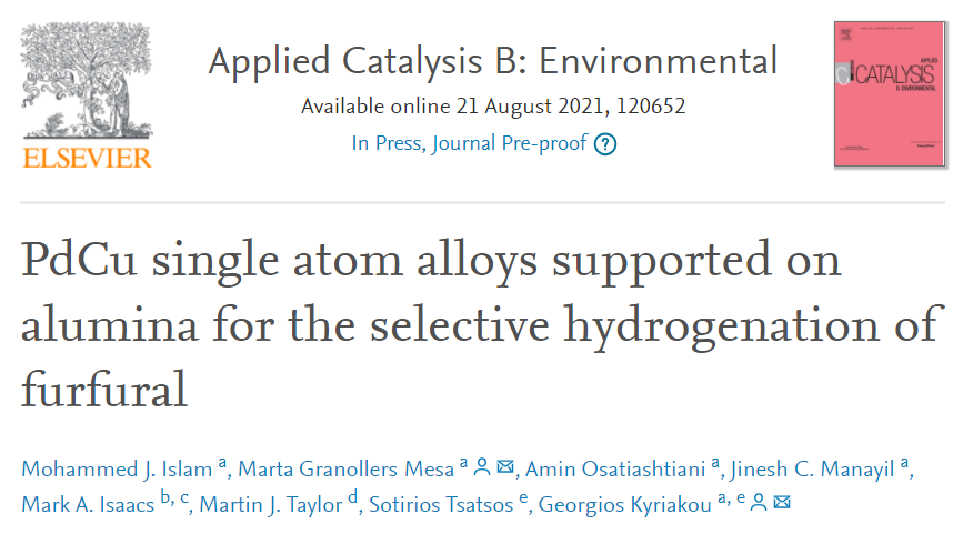 阿斯頓大學Appl. Catal. B.：氧化鋁負載PdCu SAA助力糠醛選擇加氫