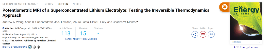 牛津ACS Energy Lett.: 超濃縮電解質(zhì)的電位MRI：一種測試不可逆熱力學(xué)的方法