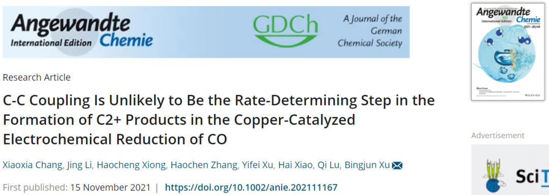 北大徐冰君/清華陸奇Angew. ：Cu催化CO電化學(xué)還原形成C2+產(chǎn)物的速率決定步驟