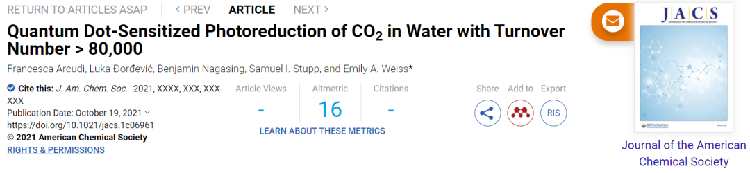 JACS：TON>80000！光敏感QD在水中光還原CO2