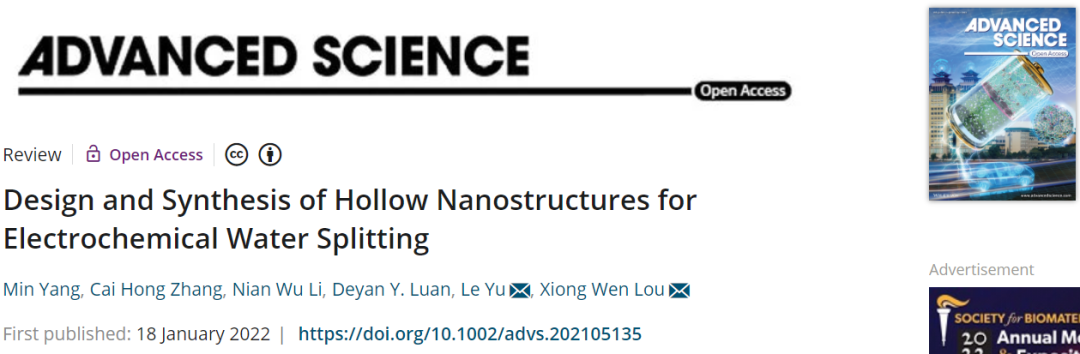 樓雄文/于樂(lè)Adv. Sci.綜述：設(shè)計(jì)與合成中空納米結(jié)構(gòu)用于電化學(xué)水分解