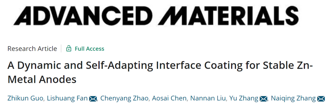 張乃慶/張宇/范立雙AM: 用于穩(wěn)定鋅金屬負(fù)極的動(dòng)態(tài)自適應(yīng)界面涂層