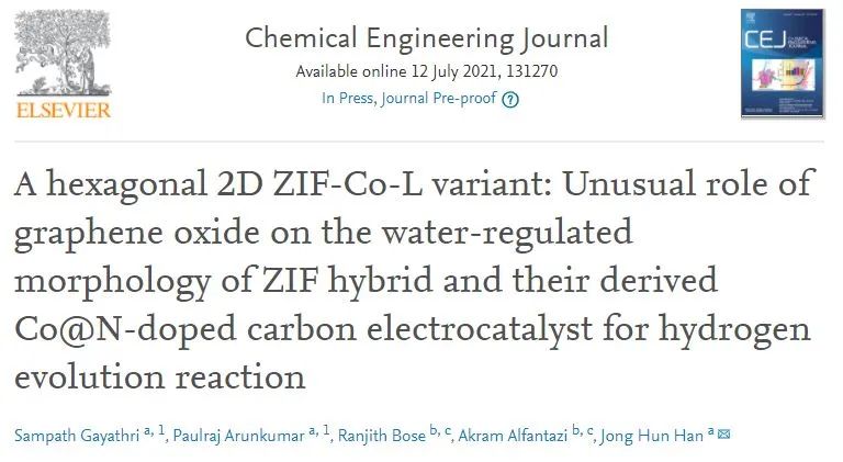 Chem. Eng. J.: GO對ZIF雜化物及其衍生的Co@N摻碳電催化劑的形貌調(diào)控并用于HER