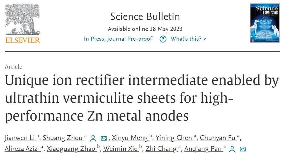 ?潘安強等Sci. Bull.：超薄蛭石片為鋅金屬負極提供離子整流效應