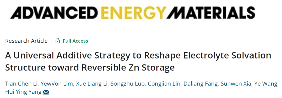 楊會穎AEM: 用于可逆儲鋅的重塑電解質(zhì)溶劑化結(jié)構(gòu)的通用添加劑策略