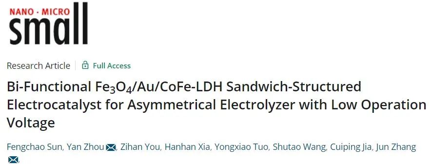 張軍/周炎Small: 電池電壓最低值！雙功能Fe3O4/Au/CoFe-LDH夾層結(jié)構(gòu)電催化劑用于不對(duì)稱電解槽