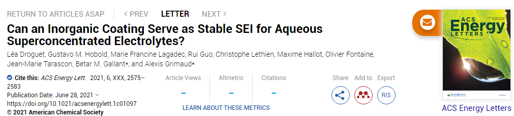 ACS Energy Lett.：無(wú)機(jī)涂層能否用作水系超濃電解液的穩(wěn)定SEI？