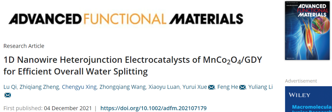 李玉良院士/何峰/薛玉瑞AFM：MnCo2O4/GDY的1D納米線異質(zhì)結(jié)電催化劑用于高效的整體水分解