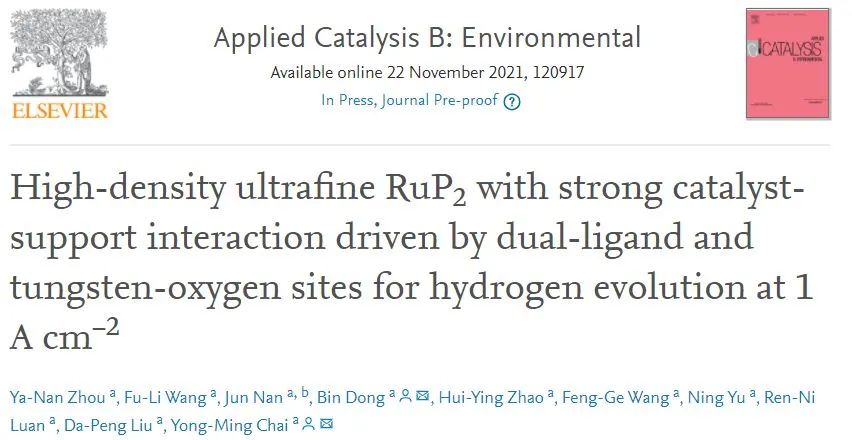 柴永明/董斌Appl. Catal. B.: 超穩(wěn)定！超細(xì)RuP2在1 A cm-2下穩(wěn)定高效析氫