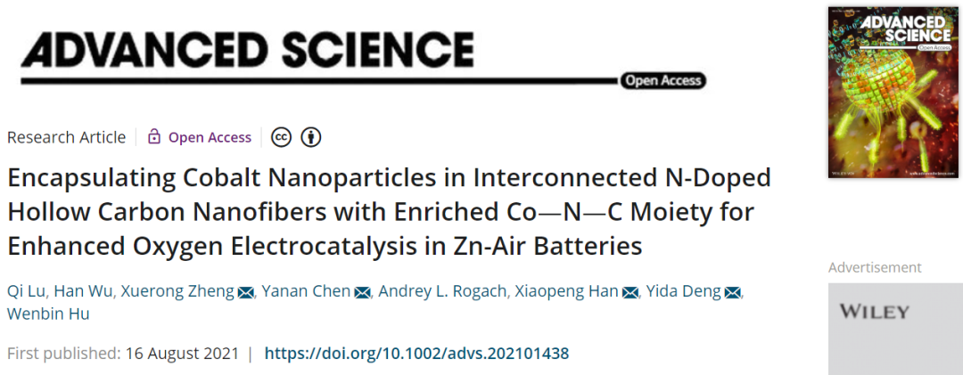 天大Adv. Sci.：封裝Co NPs的互連N-摻雜中空碳納米纖維增強Zn-空氣電池中的氧電催化