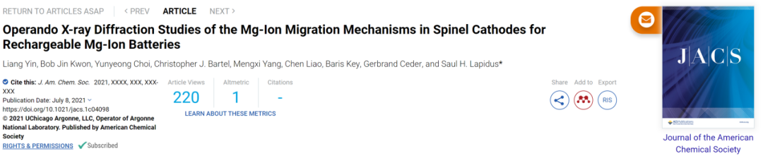 阿貢JACS: 原位XRD研究可充電鎂離子電池的尖晶石正極中鎂離子遷移機(jī)制