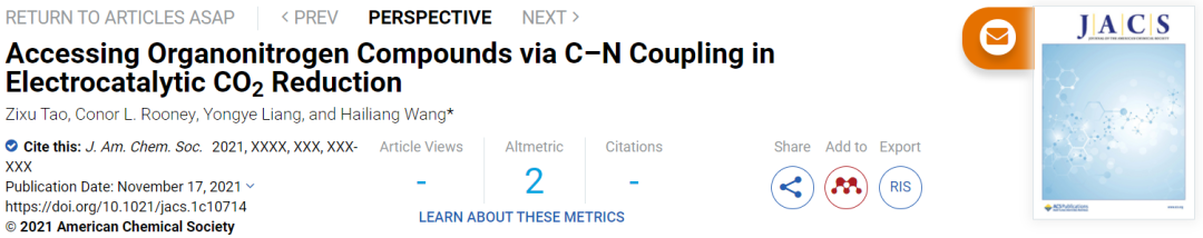 耶魯王海梁JACS：電催化CO2還原中通過(guò)C-N偶聯(lián)獲得有機(jī)氮化合物
