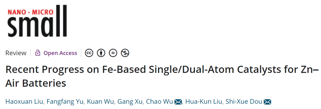 竇士學/吳超Small: 用于鋅空氣電池的鐵基單/雙原子催化劑的最新進展