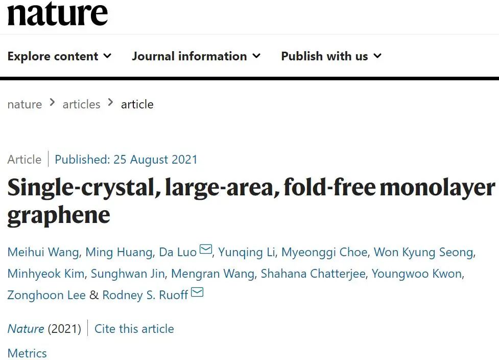 Nature：單晶、大面積、無褶皺單層石墨烯