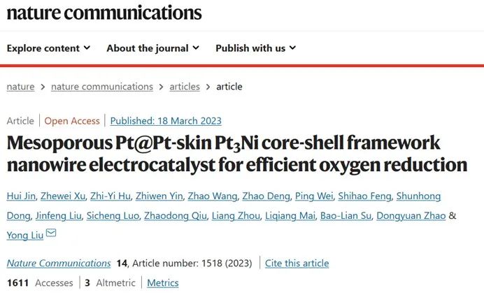 Nature子刊：介孔Pt@Pt-skin Pt3Ni核-殼骨架納米線電催化劑用于高效氧還原