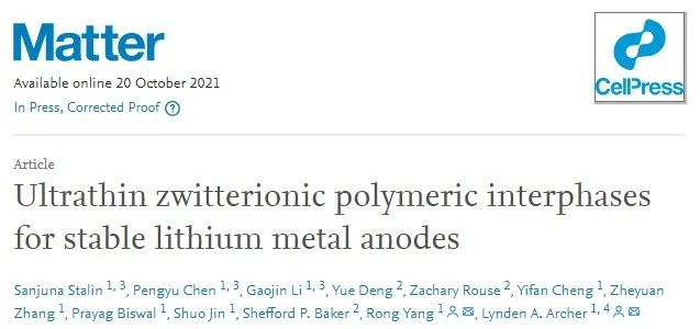Matter: 用于穩(wěn)定鋰金屬負極的超薄兩性離子聚合物界面