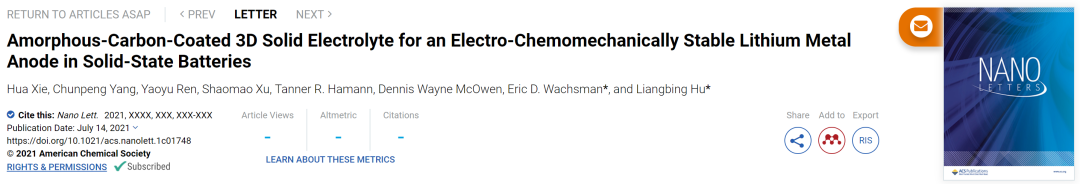 胡良兵等Nano Lett.: 穩(wěn)定鋰金屬負(fù)極的無定形碳涂層3D固體電解質(zhì)