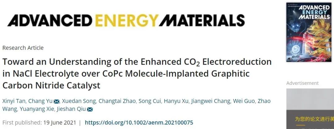 Adv. Energy Mater.：CoPc分子注入石墨氮化碳催化劑助力電還原CO2