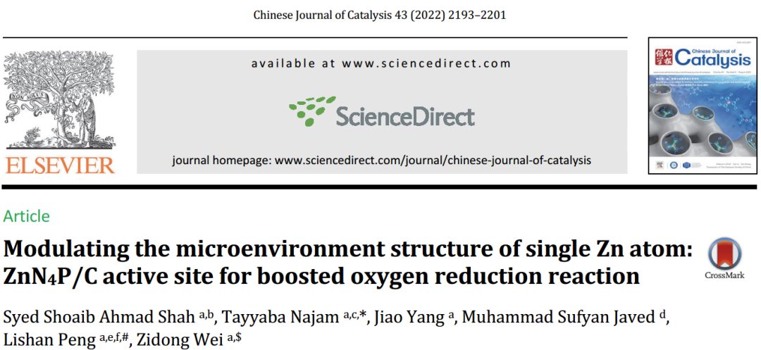 重大CJC: ZnN4P/C 活性位催化劑用于ORR