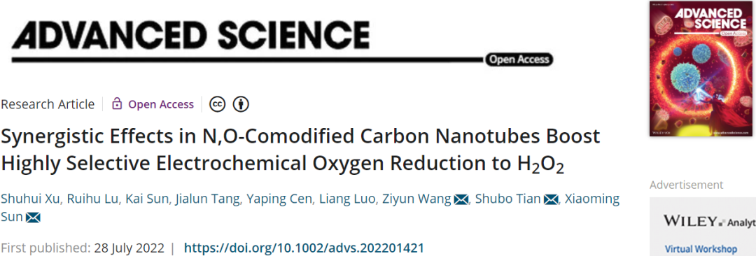 ?北化工/奧克蘭大學Adv. Sci.：N, O-CNTs協(xié)同促進高選擇性電化學ORR生成H2O2