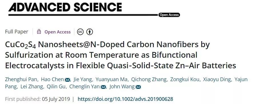 【頂刊】Adv.Sci. 雙功能CuCo2S4@N‐CNFs催化劑，助力柔性鋅空電池