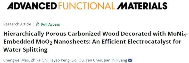 ?華南理工大學(xué)AFM：多孔炭化木材上構(gòu)建MoNi4/MoO2納米片，用于高效催化水分解產(chǎn)氫