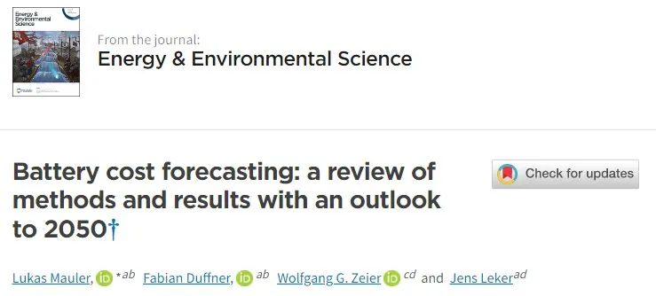 EES：電池成本預(yù)測(cè)：回顧方法和結(jié)果，展望2050年