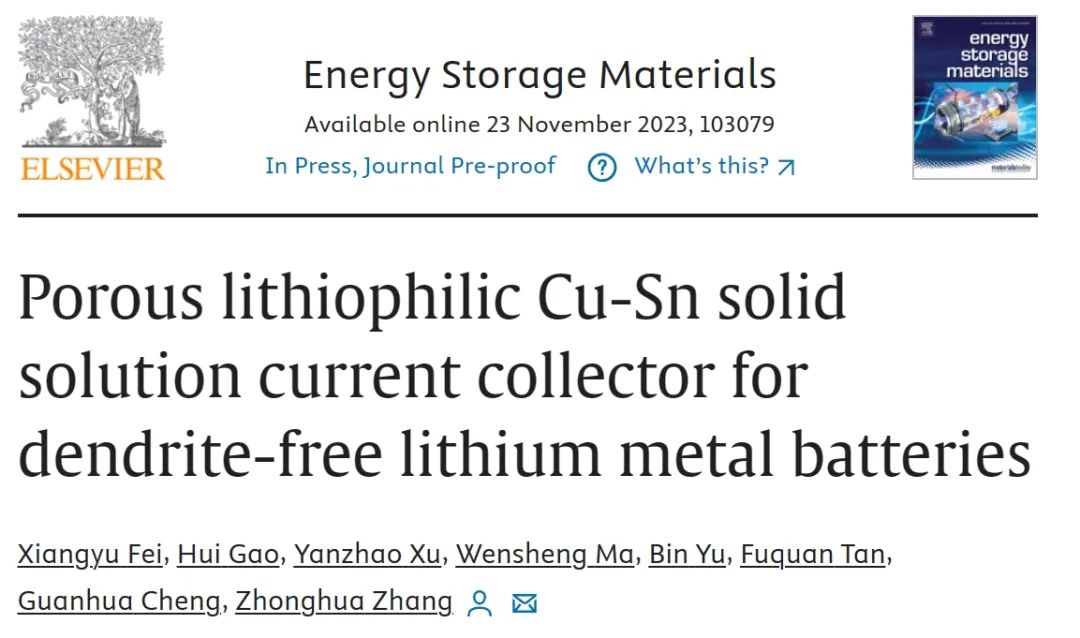 ?山大張忠華EnSM：多孔親鋰Cu-Sn固溶體集流體用于無枝晶鋰金屬電池