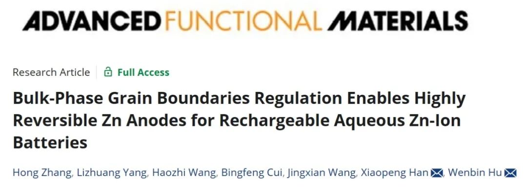 ?天大胡文彬/韓曉鵬AFM：體相晶界調(diào)節(jié)實現(xiàn)了可充電水系鋅離子電池的高可逆性鋅負(fù)極
