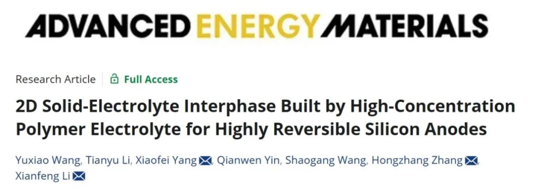 ?大連化物所AEM：高濃度聚合物電解質構建高可逆硅負極二維固體電解質界面