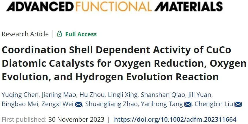 劉承斌/唐艷紅/危增曦AFM：CuCo雙原子催化劑對ORR、OER和HER的配位殼依賴活性