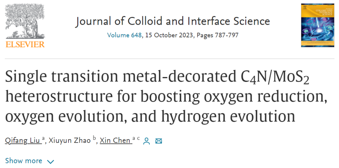 【純計算】J. Colloid Interf. Sci.：用于促進氧還原、析氧和析氫的單過渡金屬修飾C4N/MoS2異質(zhì)結構